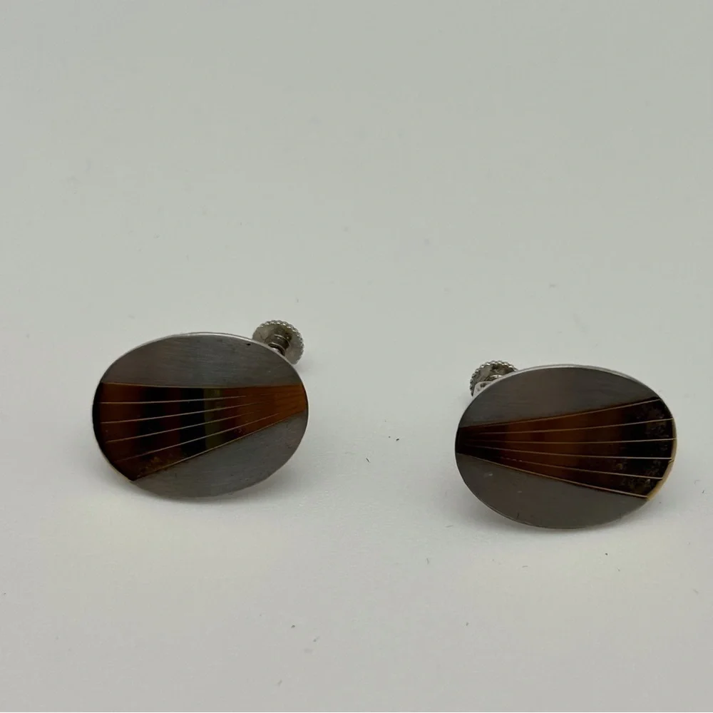 Vintage Napier Silver Tone Gold Striped Clip On Screw Back Earrings